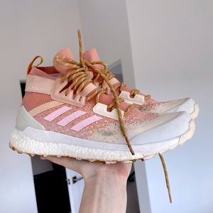 Pink and tan Adidas hiking shoes size 8 1/2. Very lightly worn.